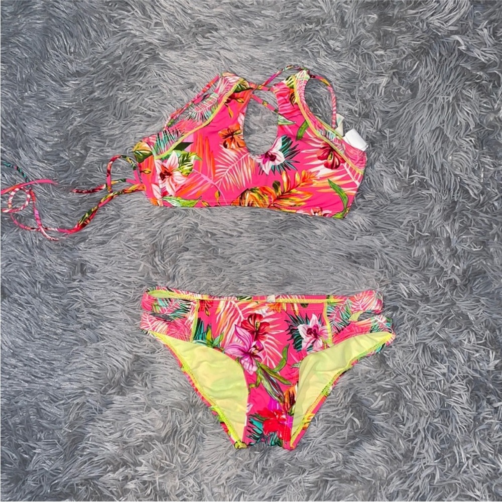 Pink Tropical Floral High-Neck Bikini Set